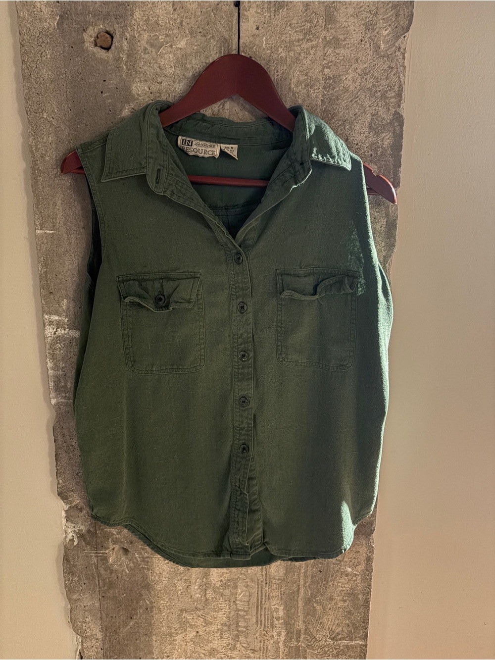 100% Silk Button-Front Sleeveless Utility Shirt - Olive Green